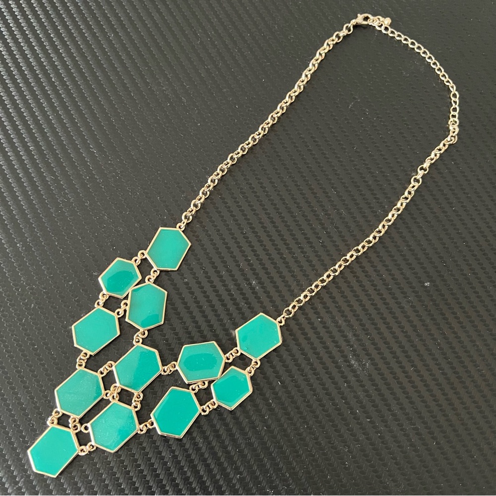 Charming Charlie Statement Bib Necklace Teal Color Gold Tone